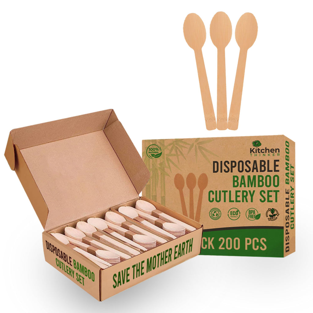Kitchen Bamboo Spoons – 200 Pack Bamboo Spoons for Eating Bamboo Disposable Utensils For Parties Bamboo Cutlery Set for Weddings Parties Camping and Events