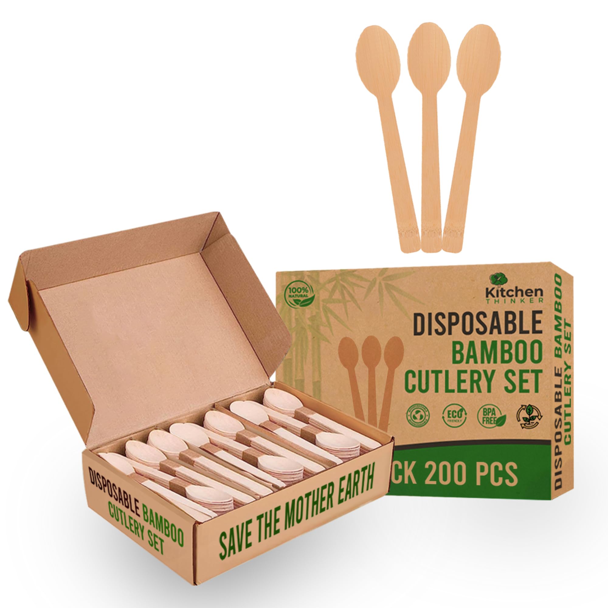 Kitchen Bamboo Spoons – 200 Pack Bamboo Spoons for Eating Bamboo Disposable Utensils For Parties Bamboo Cutlery Set for Weddings Parties Camping and Events
